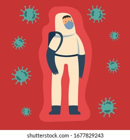 People in special protective suits warn of a coronavirus..Vector illustration concept, people fight with virus. Can use for landing page, template, banner, flyer, poster. Coronavirus COVID-19.