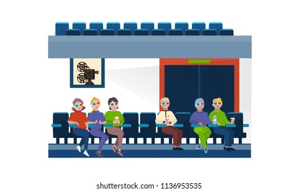 People, spectators in 3d glasses, in cinema hall on the seats, in front of large movie screen. Time of cinema, theater hall. View on the wide screen of room. Vector illustration isolated.