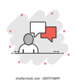 People with speech bubble icon in comic style. Chat cartoon vector illustration on white isolated background. Speaker dialog splash effect business concept.