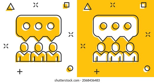 People with speech bubble icon in comic style. Chat cartoon vector illustration on white isolated background. Speaker dialog splash effect business concept.