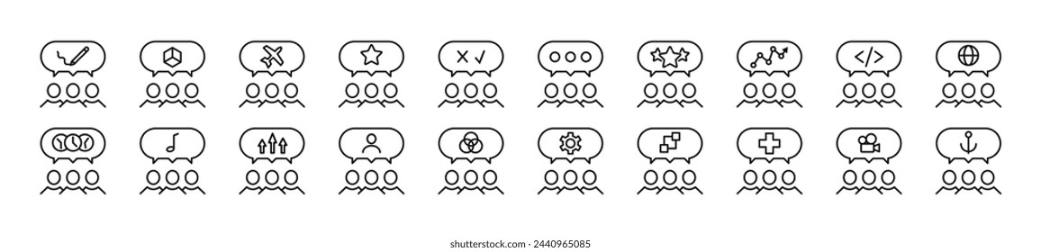 People with speech bubble linear vector icons collection. Editable stroke. Simple linear illustration for web sites, newspapers, articles book