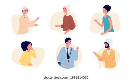 People in speech bubbles. Adult conversation, international multicultural persons talking. Cheersing, remote dialogue vector concept