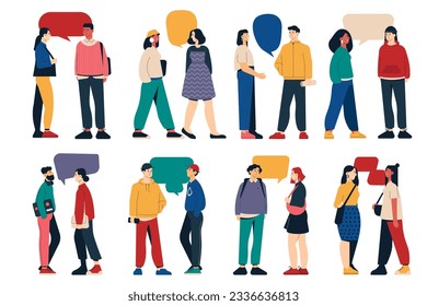 People with speech bubbles. Cartoon characters talk and interact, emotional conversation between friends and couples, flat caricature emotions. Vector set of people person speech bubble illustration