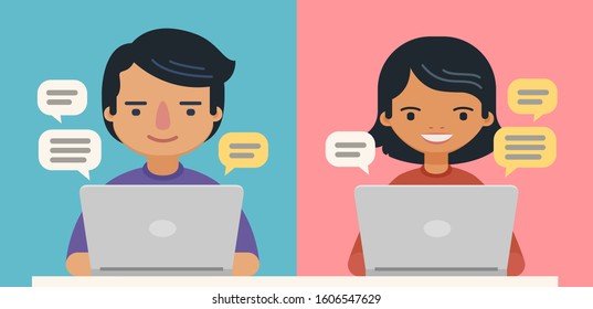 People with speech bubbles and computers. Communication vector illustration
