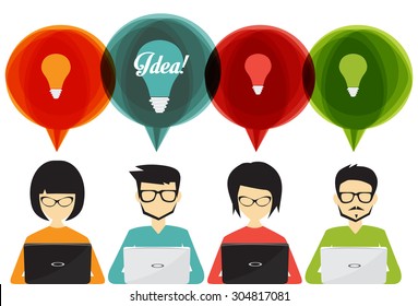 people with speech bubbles and laptop,social network, idea, teamwork, banner and infographic concept