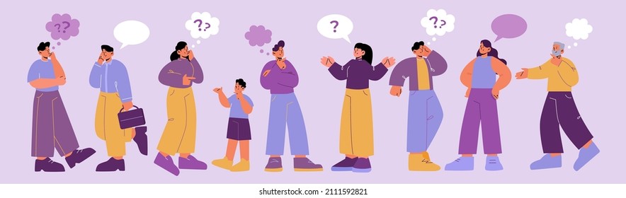 People With Speech Bubbles And Questions, Curious And Thoughtful Characters Conversation. Men, Women And Kids Ask, Share Impressions, Talking To Friends Or Colleagues Line Art Flat Vector Illustration