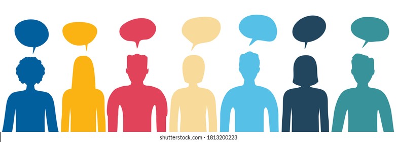 People with speech bubbles set silhouettes icons. Men and women body outline with colorful speech bubble vector illustration isolated on white. Human chatting and communication concept.