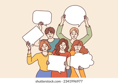 People with speech bubbles in their hands are invited to visit conversation club and exchange opinions. Happy young friends with speech clouds symbolizing new ideas after brainstorming together