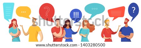 People with speech bubbles vector characters set. Cartoon men, women asking, answering questions. Young couple sharing impressions, talking to friends, colleagues. Emotional conversation with partners