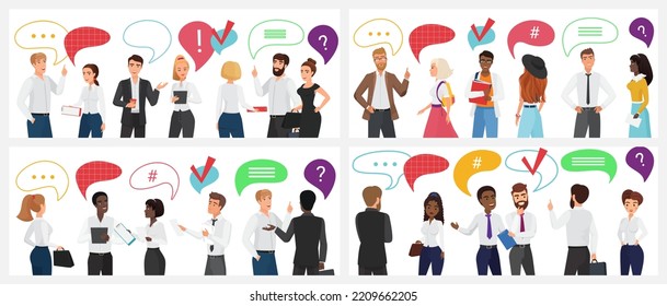 People with speech bubbles vector illustration. Cartoon isolated man and woman with dialog or brainstorm balloons above heads communicate, characters talk and think about answer to question or idea