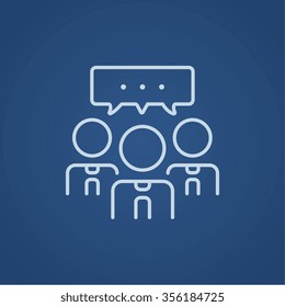 People with speech square above their heads line icon for web, mobile and infographics. Vector light blue icon isolated on blue background.
