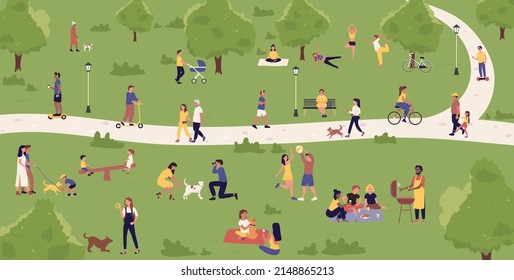 People spend active fun time in summer city park on weekend vector illustration. Cartoon map with characters walk on road, ride bicycle and electric scooter, eat picnic food, sit on bench background