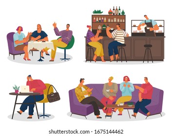 People spend leisure time together drinking coffee and talking in cafe. Men and women sit on chairs, sofa and have lunch. Coffeehouse for meeting with friend in cafeteria. Vector illustration in flat