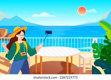 People spend summer at the beach with the sea and plants in the background, vector illustration