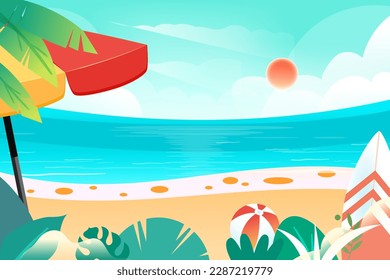 People spend summer at the beach with the sea and plants in the background, vector illustration