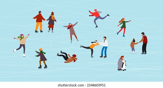 People spend their free time on ice skates.Vector illustration.