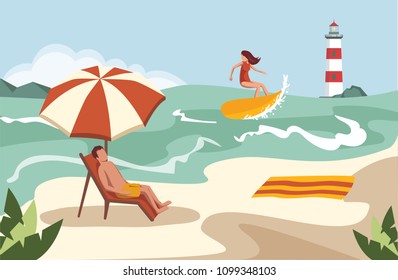 People spend their holidays on the beach under the palm trees. Vector illustration.