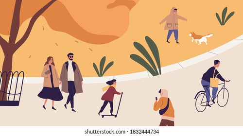 People spend time in autumn city park. Modern characters recreational activity outdoors. Couple strolling, kid playing with dog, man riding bicycle. Flat vector cartoon illustration