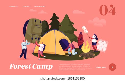 People Spend Time at Camp in Forest Landing Page Template. Tourist Company Characters Set Up Tent, Frying Marshmallow on Campfire. Friends Hiking with Backpack on Vacation. Cartoon Vector Illustration