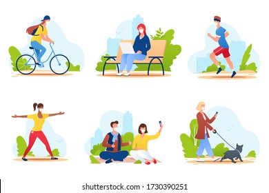 People Spend Time In A City Park. People In Medical Protective Masks Walk In Nature, Ride A Bike, Play Sports, Relax, Etc. Summer Outdoor Activities. Social Distance. Vector Illustration.