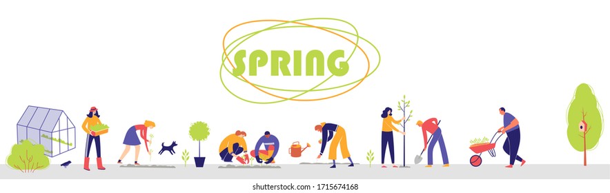 People spend time in a garden. Men and women plant seedlings . A woman carries a seedling box. A man pushes a garden wheelbarrow . Horizontal Color vector illustration.