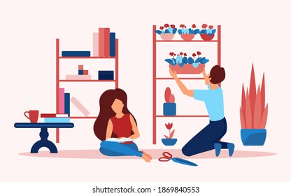 Die Leute verbringen Zeit in der Vektorgrafik zu Hause. Cartoon junge weibliche Charaktere verbringen Zeit zusammen am Wochenende, lesen Buch, Pflanzen Blumenhäuspflanze im Wohnzimmer Wohnraum Wohnraumhintergrund