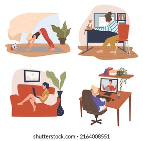 People spend time at home, leisure and hobbies, pastime and rest. Doing yoga and watching movies, browsing in websites, doing projects and working freelancing in apartment. Vector in flat style