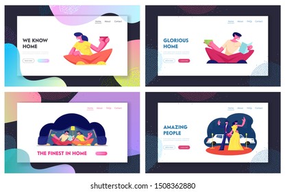 People Spend Time at Home Reading Books, Drinking Beverages, Red Carpet Ceremony Website Landing Page Set. Happy Male and Female Characters Leisure Web Page Banner. Cartoon Flat Vector Illustration