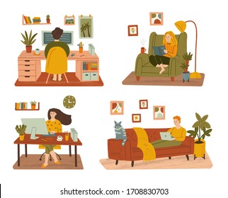 People spend time at home, work and relax. Stay home and remote work concepts. Set of hand drawn illustrations with texture. 