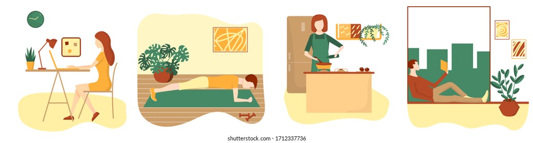 People spend time at home.Stay home.Leisure activities.Working on laptop.Do sport plank indoors.Cooking homemade food.Reading book at windowsill. Vector flat illustration.Changeable colors.Plants.Room