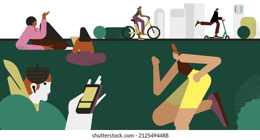 La gente pasa tiempo en la naturaleza. Los adultos activos montan en bicicleta, juegan y juegan en el parque. Ilustración vectorial colorida.
