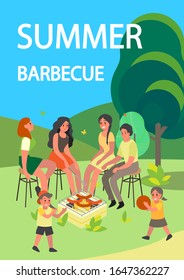 People spend time outdoor on picnic set. Summer barbecue with friends. Idea of tourism and travel. Vector illustration in cartoon style