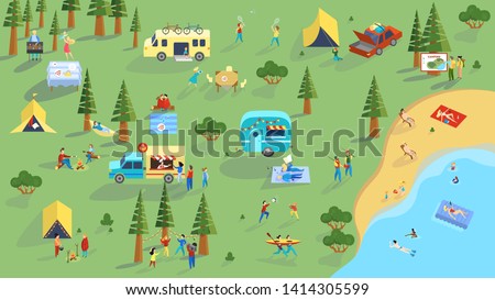 People spend time outdoor on picnic. Summer camping. Idea of tourism and travel, hiking and barbecue. Vector isometric illustration