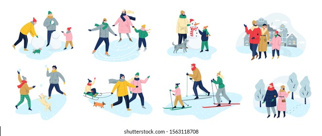 People spend time outdoor at winter. People in warm clothes doing winter activities. Winter activity with family. Cold season, skate on ice rink and making a snowman, skiing. Flat vector illustration