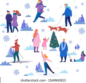 People spend time outdoor at winter. People in warm clothes doing winter activities. Winter activity with family. Cold season, skate on ice rink, skiing. Flat vector illustration