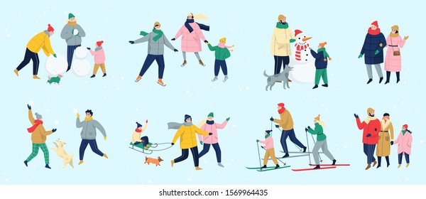 People spend time outdoor at winter. People in warm clothes doing winter activities. Winter activity with family. Cold season, skate on ice rink and making a snowman, skiing. Flat vector illustration