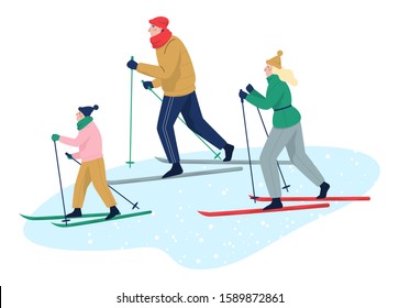 People spend time outdoor at winter. People in warm clothes doing skiing. Winter activity with family. Cold season. Flat vector illustration