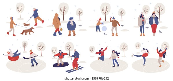 People spend time outdoor at winter. People in warm clothes doing winter activities. Winter activity with family. Cold season, skate on ice rink and making a snowman, skiing. Flat vector illustration