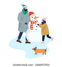 People spend time outdoor at winter. People in warm clothes making a snowman. Winter activity with family. Vector illustration in cartoon style
