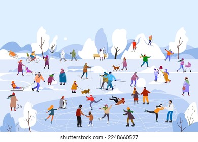 People spend time outdoor at winter.People are skating. Vector illustration.