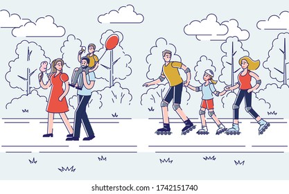 People spend time outdoors walking and skating in city park. Happy cartoon characters parents and kids having fun together. Summer refreshment and recreation concept. Linear vector illustration