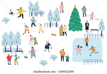 People spend time outdoot in winter. Christmas season park. Cold season, skate on ice rink and making a snowman. Flat vector illustration