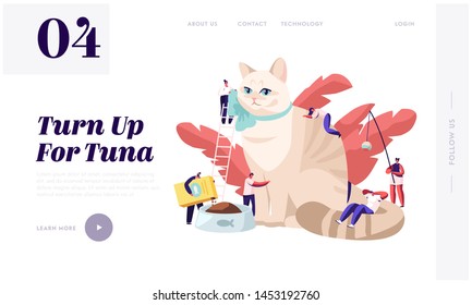 People Spend Time with Pet Website Landing Page. Tiny Characters Caress of Huge Cat, Feed, Play, Dressing. Leisure, Sparetime, Love, Care of Animal Web Page. Cartoon Flat Vector Illustration, Banner
