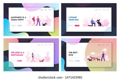 People Spend Time with Pets Outdoors Website Landing Page Set. Characters Walking and Playing with Dogs Relaxing Open Air. Leisure Care of Animals Web Page Banner. Cartoon Flat Vector Illustration
