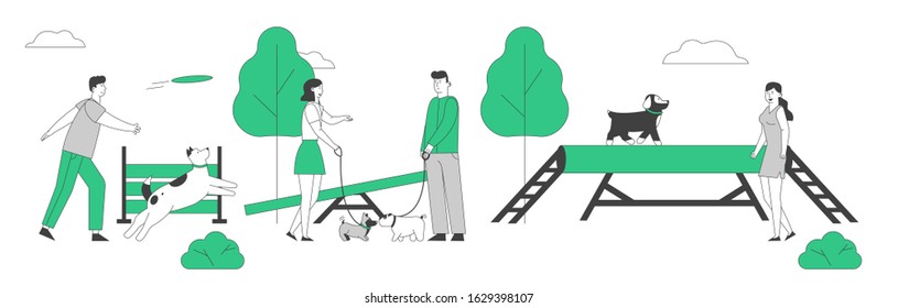 People Spend Time with Pets Outdoors. Male Female Characters Walking and Training Dogs in Summer Park. Relaxing Leisure, Communication Love, Care of Animals. Cartoon Flat Vector Illustration, Line Art