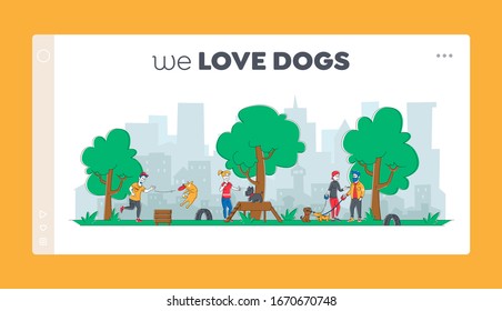 People Spend Time with Pets Outdoors Landing Page Template. Male Female Characters Walking and Training Dogs in Summer Park. Relaxing Leisure Communication, Care of Animals. Linear Vector Illustration