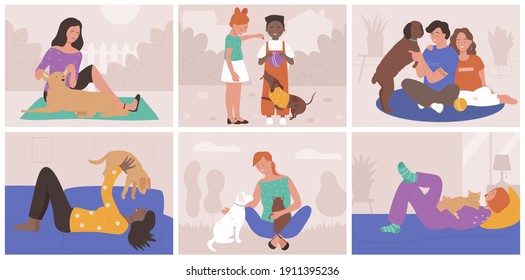 People spend time with pets vector illustration set. Cartoon young happy pet owners love and hug own dogs or cats, happy man woman or children characters playing, loving domestic animal friends