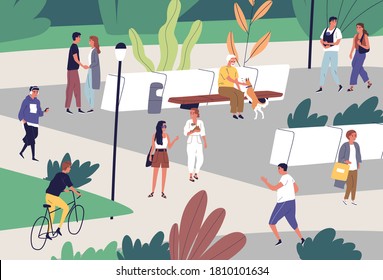 People spend time at public place with baby and dogs. Family couple walking, elderly man playing with pet. Flat vector cartoon illustration of summer recreation in city park with bench and bushes