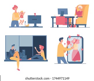 People spend time together at home vector flat cartoon illustration. Man and women chatting and talking on video call with computers and smartphones. Online meeting or dating during self isolation.