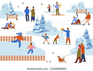 La gente pasa tiempo en el parque invernal. Escenas con parejas, familias, amigos y personajes con perros caminando en la nieve, haciendo snowman, trineo, esquí o patinaje. Dibujo vectorial plano de dibujos animados